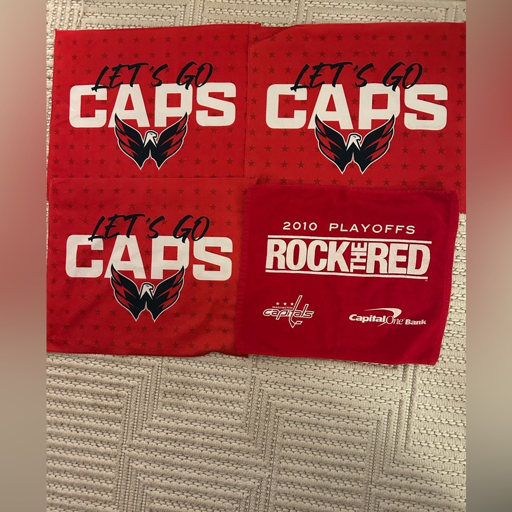 Lot: 4 Caps Towels - 3 Red Let’s Go Caps; 1 2010 Rock the Red, Made from Cotton